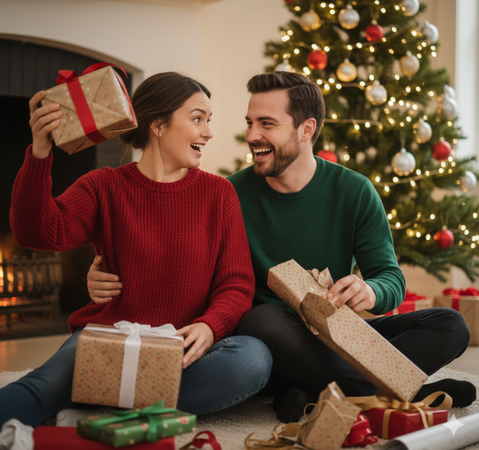 couple-opening-gifts-near-a-Christmas-tree