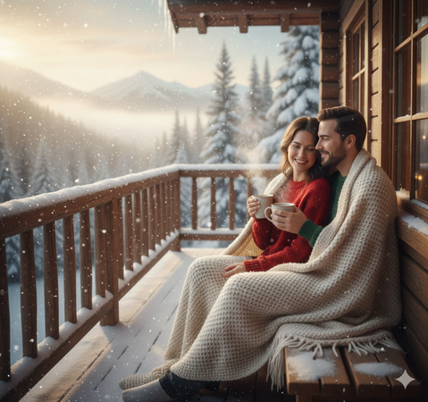 couple drinking hot cocoa on a snowy balcony chatgpt photo