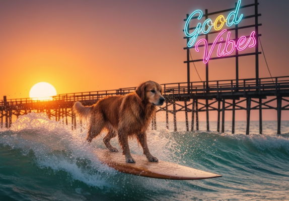 日落時衝浪的黃金獵犬