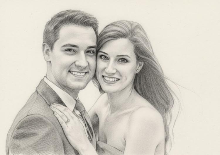 pencil portrait of a hugging couple
