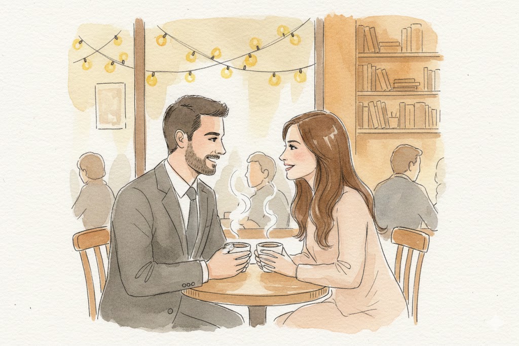 watercolor couple portrait in a small café