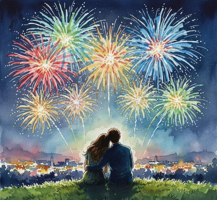 a couple sitting on a hill watching fireworks