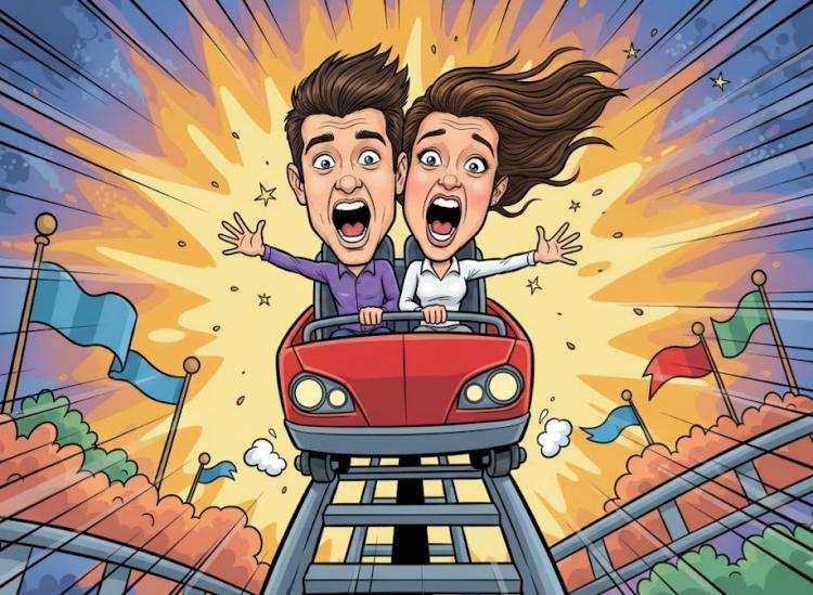 caricature couple on a theme-park roller coaster