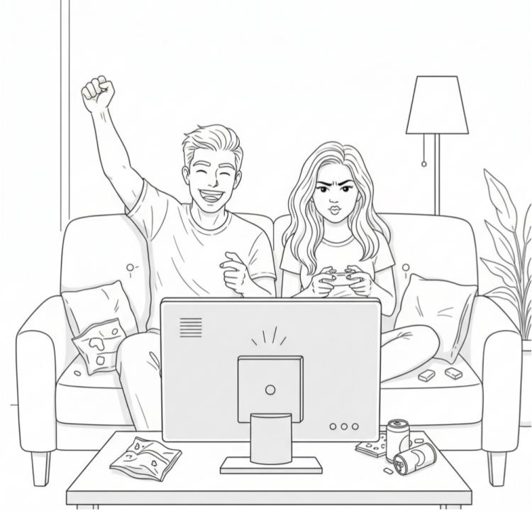 a couple playing video games on a couch