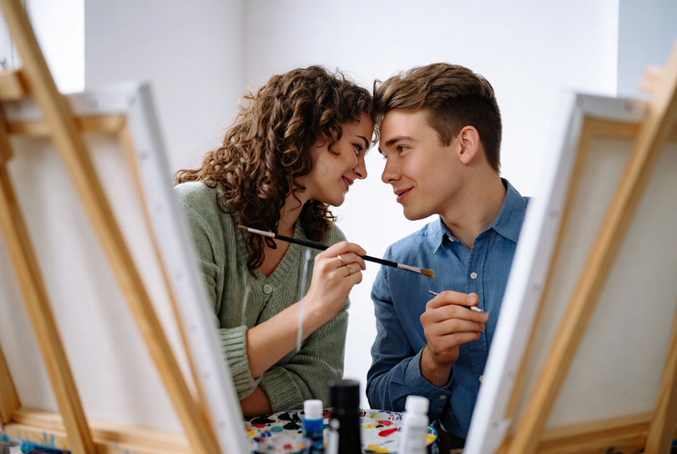 Paar malt zusammen und lacht