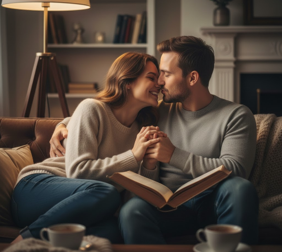 Paar liest gemeinsam ein Buch und wirkt zugewandt