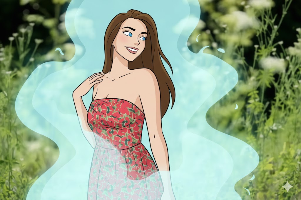 a female Danny Phantom–style cartoon character in grassland