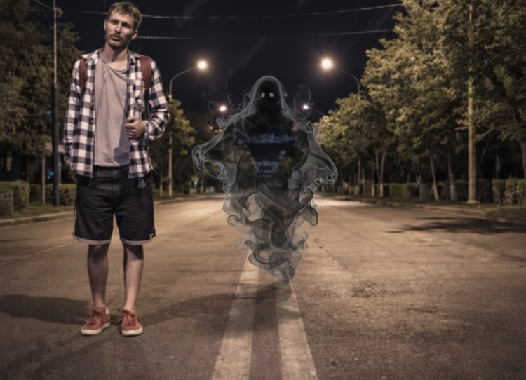 demon behind a man at night street