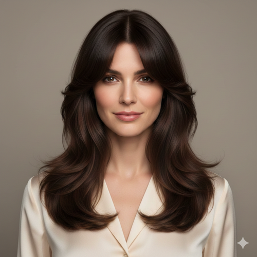 Long Layered Hair with Curtain Bangs for Square Face