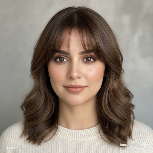 Shoulder Length Wavy Hair with Curtain Bangs Oval Face