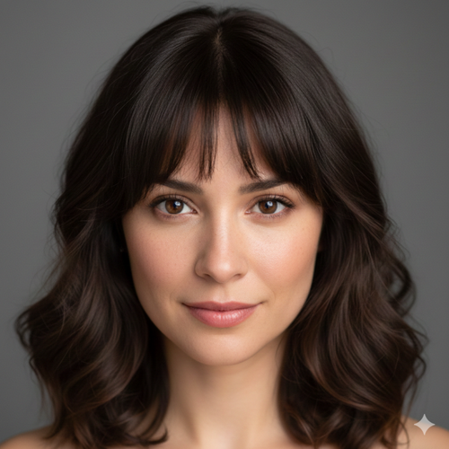 Medium Hair with Curtain Bangs and Curls Heart Face Women