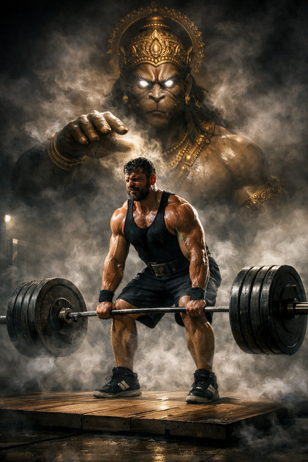 Bajrangbali with glowing eyes stands behind a man