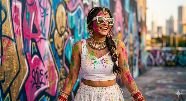 Modern Fusion Street Style Holi AI Photo Prompts for Girls
