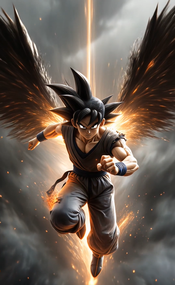 Goku transforming midair with wings