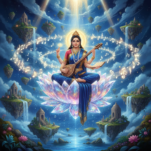 Luminous Saraswati in Sapphire Saree