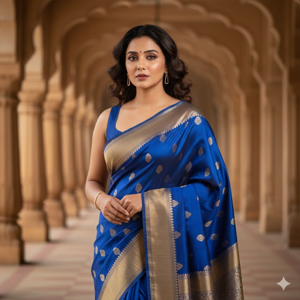 Royal Blue Silk Saree Fusion Fashion Editorial