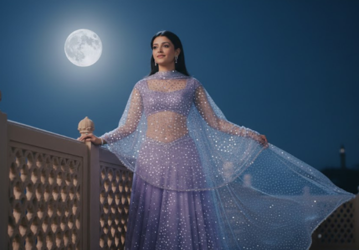 Moonlit Balcony Pose in Lehenga