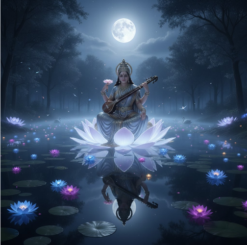 Moonlit Saraswati at Night