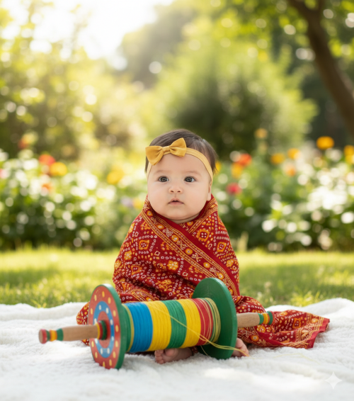 baby sitting beside a colorful wooden kite spool