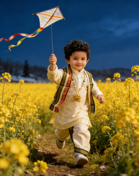 A boy holding a  kite runs through a golden Sarson field