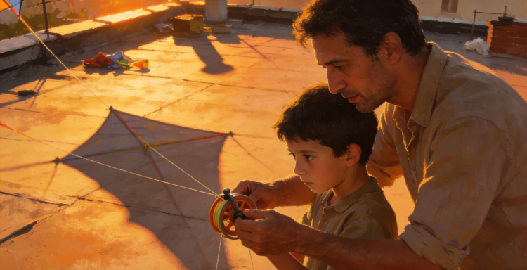 a father teaching his son how to hold a kite spool