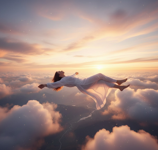 Person Floating Above Sunset Clouds
