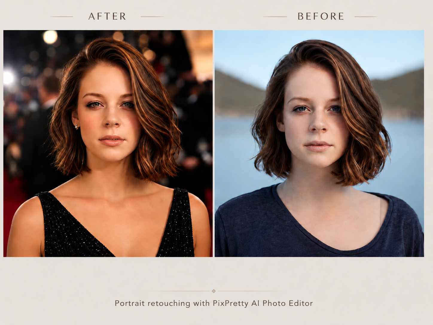 Before and after portrait editing with PixPretty AI Photo Editor
