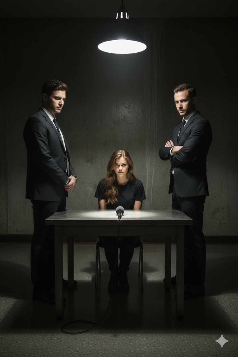 police station ai girl interrogation room scene