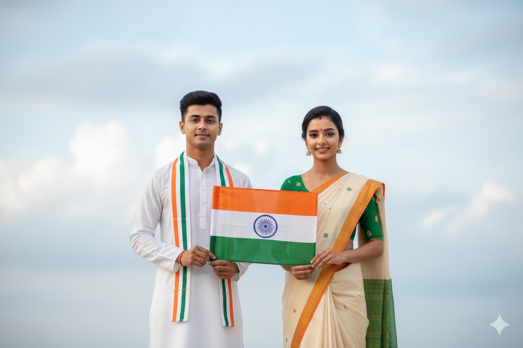 an Indian couple holding the national flag
