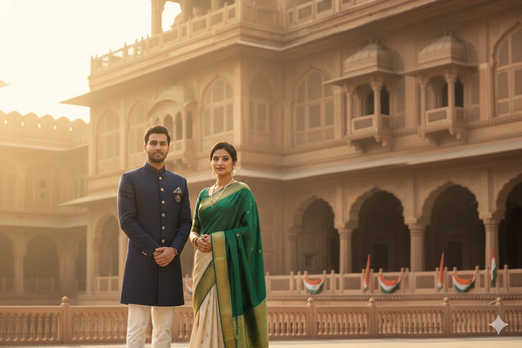 Indian couple image with historic architecture