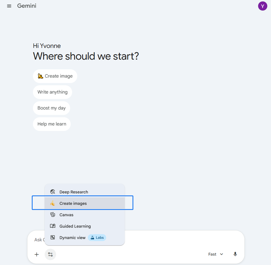 initiate the Create Image command in Gemini