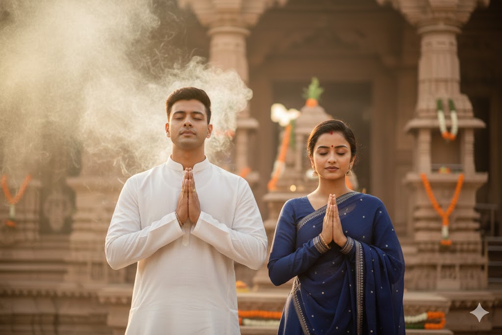 an Indian couple folding hands at temple