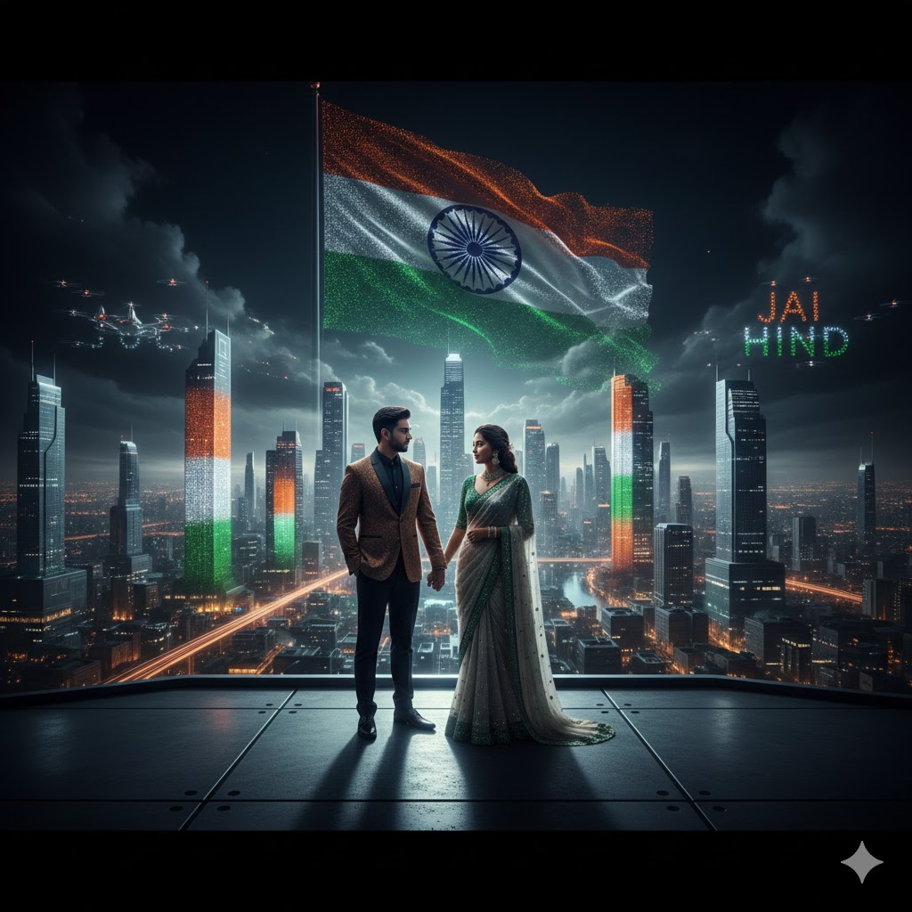 a modern Indian couple standing before a city skyline