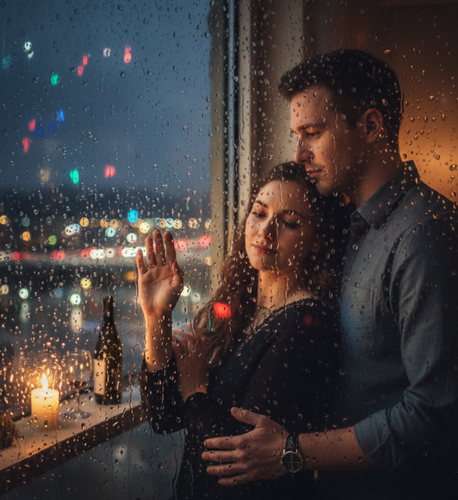 Romantisches Paar steht an einem regennassen Fenster