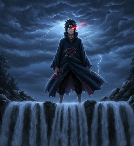 Sasuke with Rinnegan Amid Stormy Backdrop