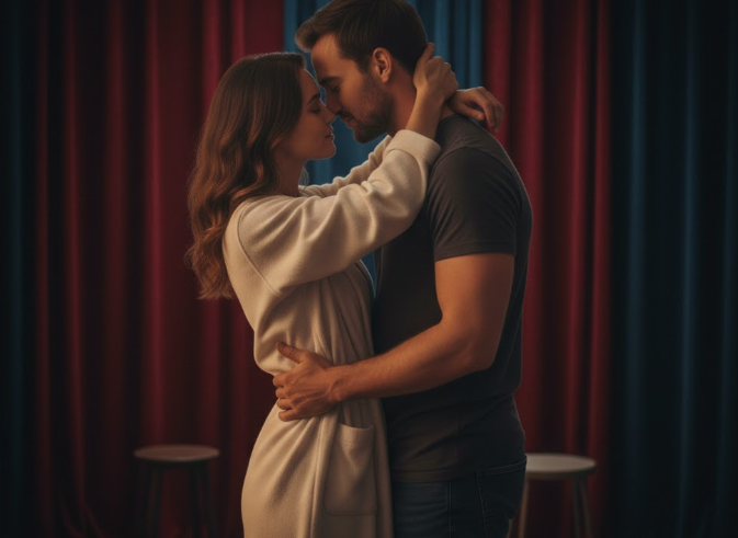 Zwei Schauspieler umarmen sich während einer Probe