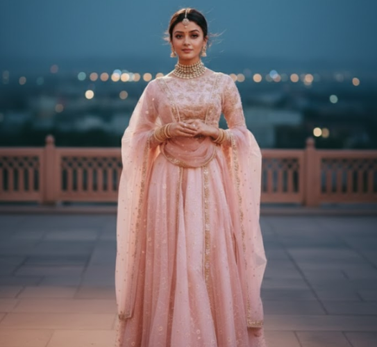 Woman in Pink Lehenga on Rooftop