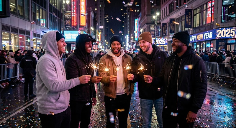 Men laughing with sparklers on neon street