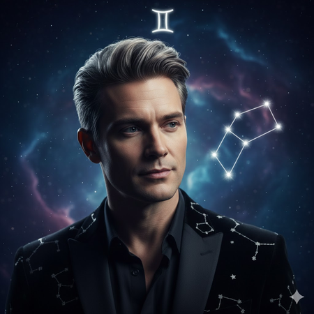Mystical Gemini portrait with cosmic backdrop