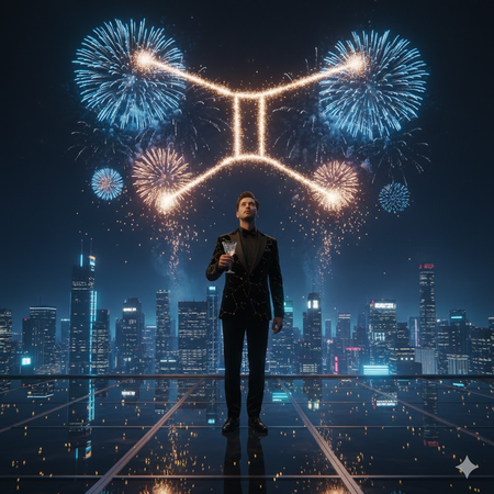 Neon Gemini mask with futuristic jacket