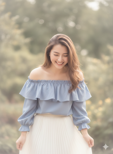 A female in a powder blue off-shoulder blouse