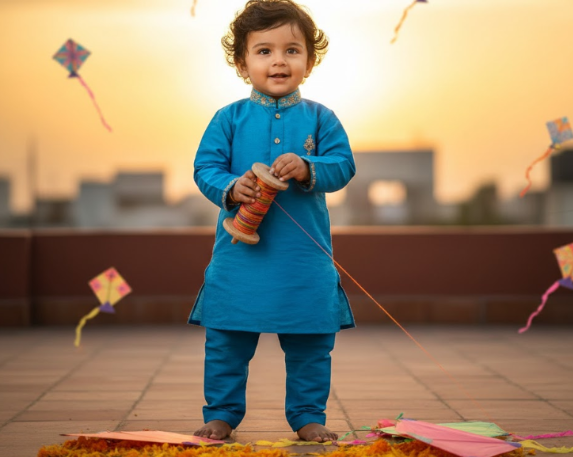 Baby Boy Flying Kite at Sunset