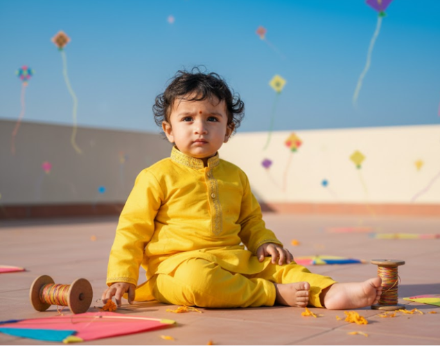 Baby Boy Flying Kite on Sunny Rooftop