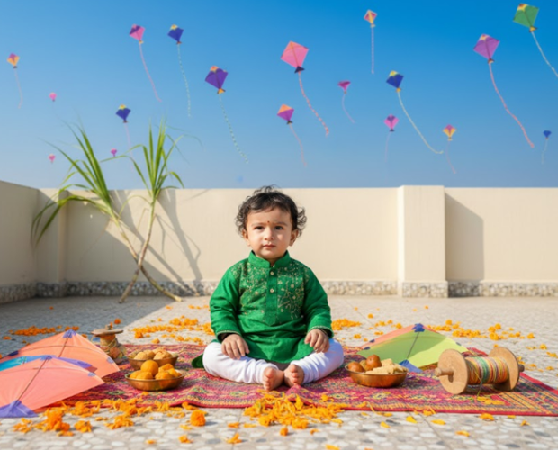 Baby Boy in Green Kurta with Sankranti Props