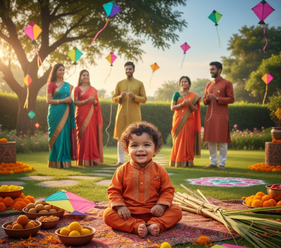 Baby Boy in Orange Kurta Sits Amid Festive Treats