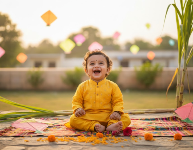 Baby Boy Laughing in Yellow Kurta Outdoors