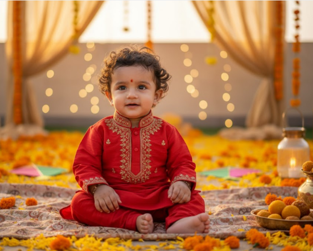 Baby Boy Smiling in Festive Red Kurta