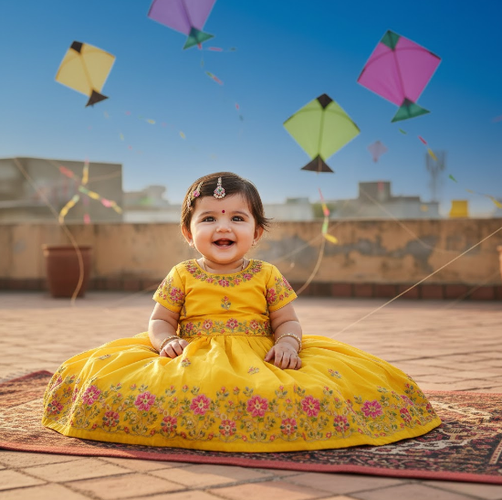 Baby Girl in Yellow Lehenga Flying Kites