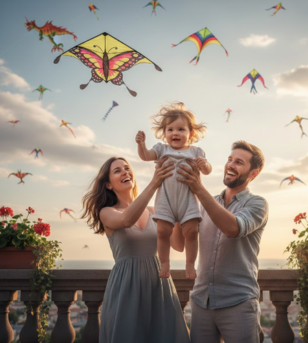Baby Holding Kite with Parents