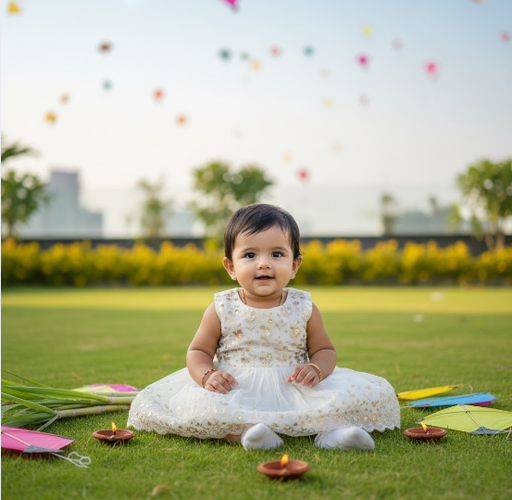 Baby in White Ethnic Dress Sitting on Grass